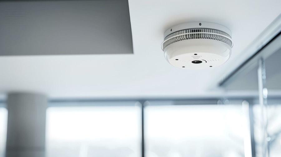Smoke detector fitted to a white ceiling
