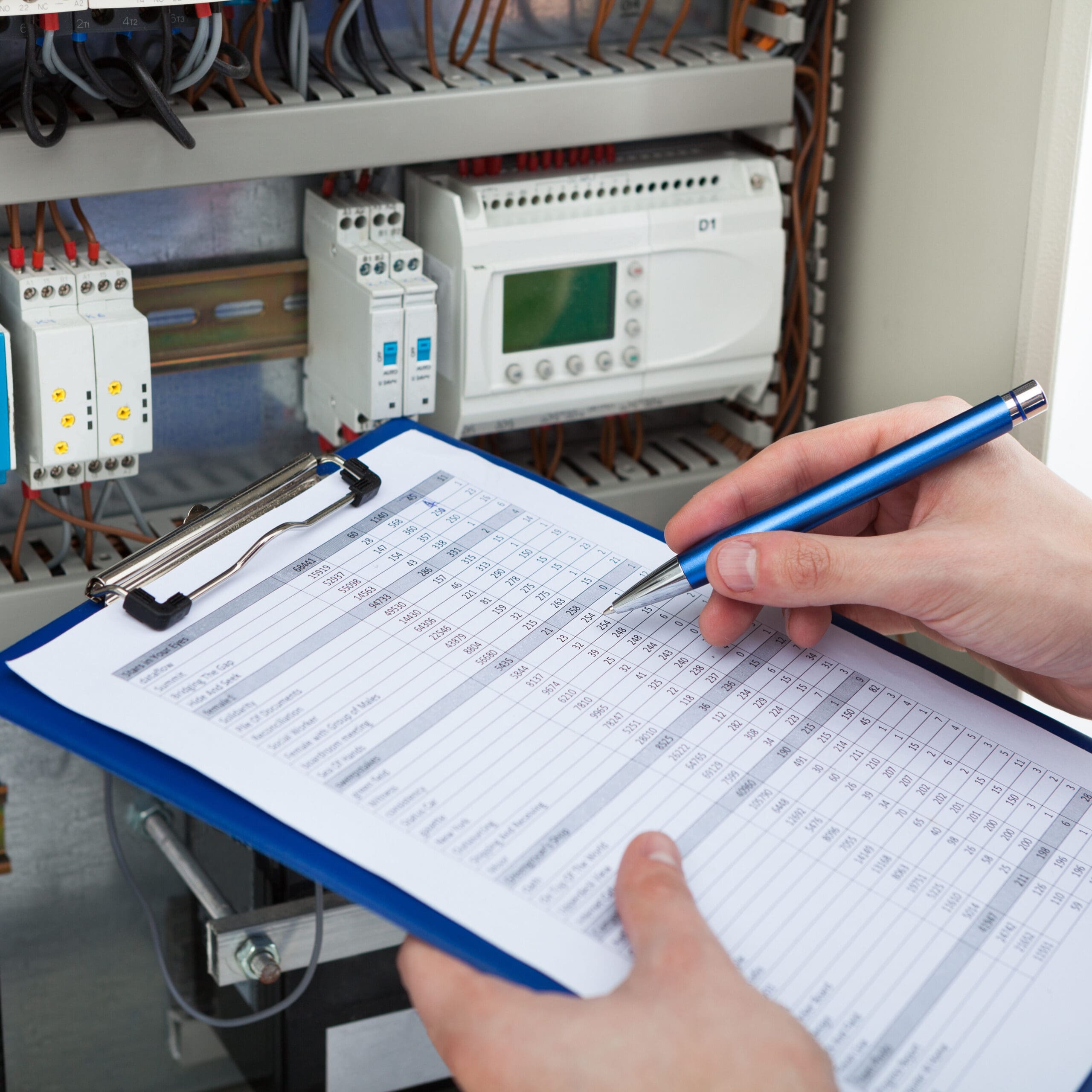 A person holds a blue pen and a clipboard with a spreadsheet in front of an open electrical panel. The panel contains wiring and electronic components, and the spreadsheet appears to be used for data logging or inspection.