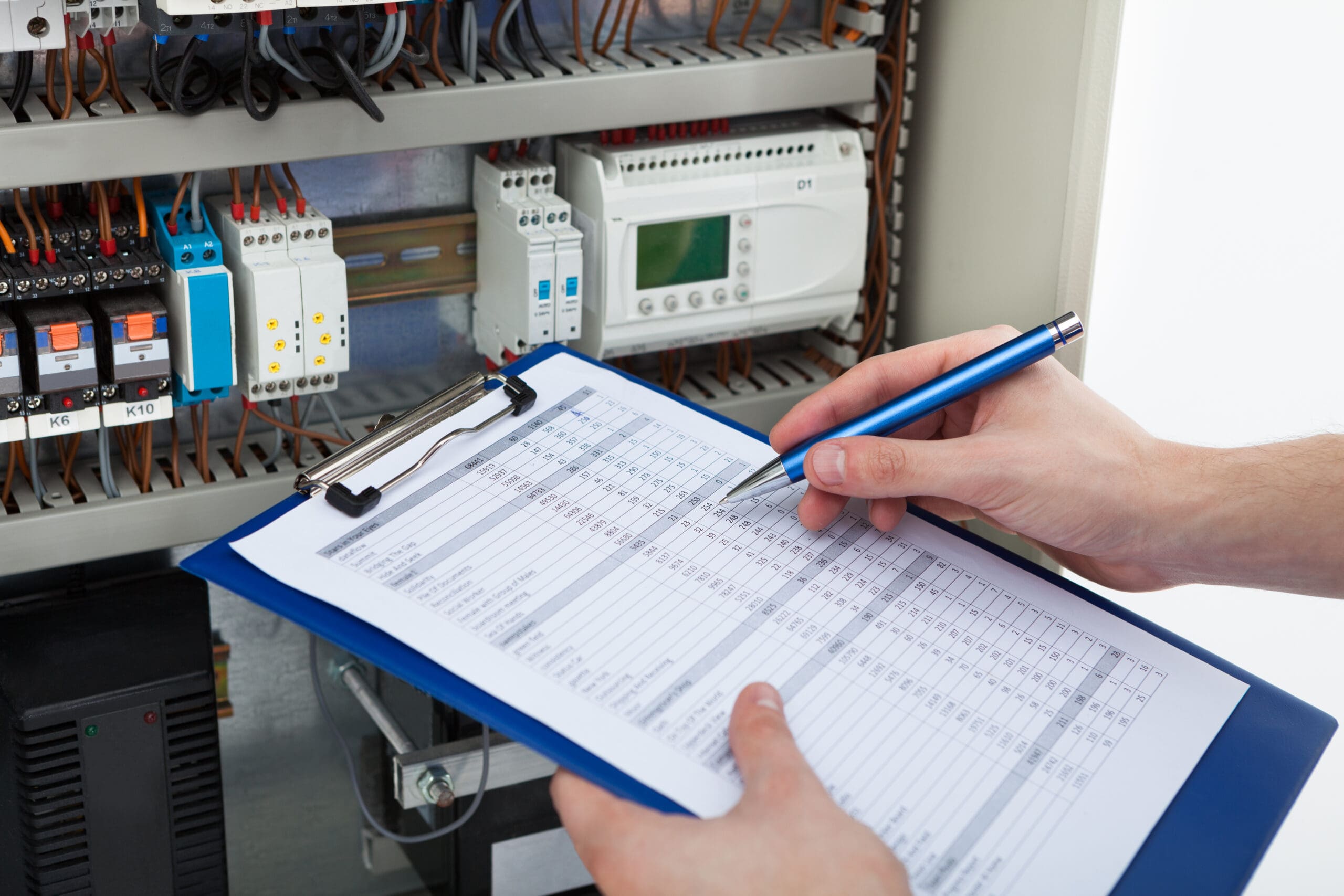 A person holding a blue pen and completing a checklist on a clipboard. In the background, there is an open electrical panel with various wires, switches, and digital displays.